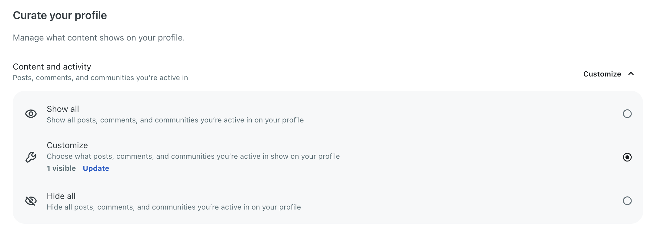 A screenshot of the “Curate your profile” → “Content and activity” setting in Reddit Account Settings.